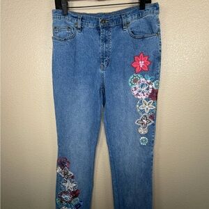 Diane Gilman Blue Straight-Leg Jeans with Multicolor Floral Embroidery
